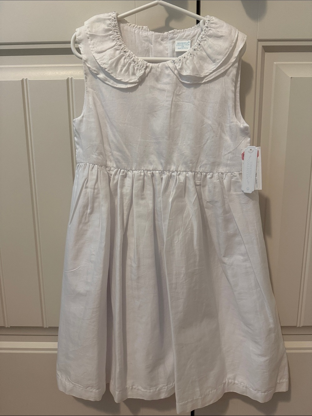 Edgehill Collection White Linen Girl's Dress with Ruffled Peter Pan Collar